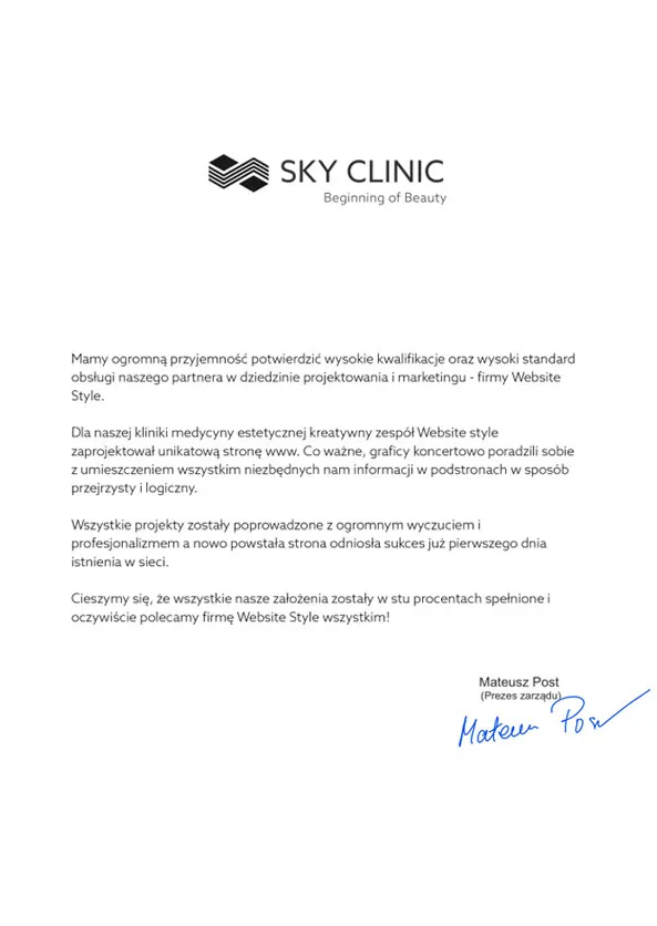 Referencje dla agencji interaktywnej Website Style od firmy Sky Clinic